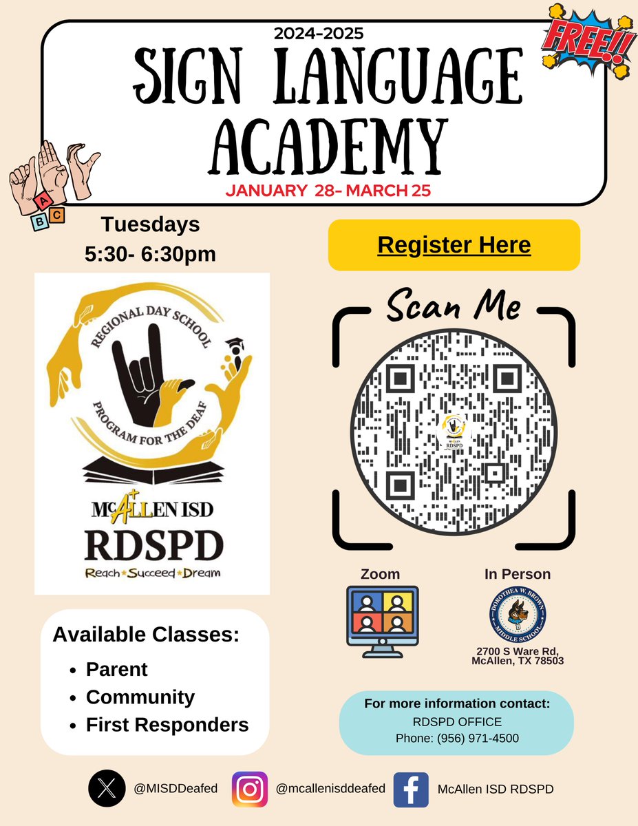 UPDATE‼️

Due to the weather update and district closure, our Sign Language Academy will be postponed and officially start on January 28th.

We hope to see you next week. Click to register below.
qrcodechimp.com/page/s877o5wdy…