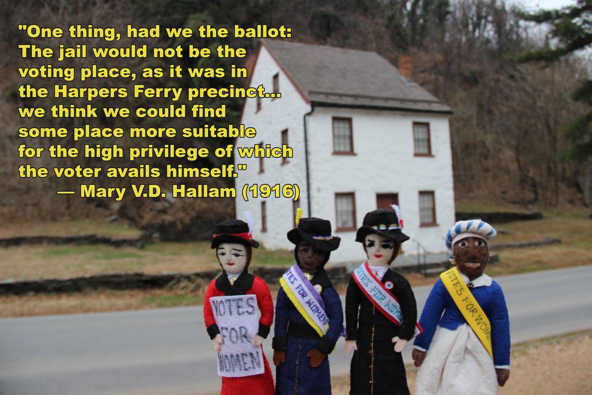 NB_Kennedy's tweet image. On Election Day 1916, suffragists gave pamphlets and yellow marigolds to men arriving to vote in Harpers Ferry, WV. The men were polite but the women had one complaint: the location of the poll! @NYRBooks @WWNortonLibrary @NatlParkService @HarpersFerryNPS #womenwinthevotebook