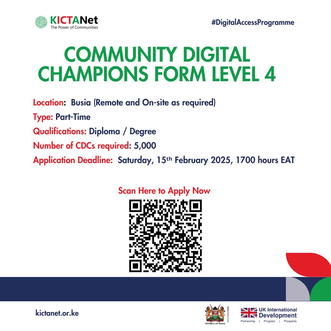Do you want to drive digital change in your community? The Busia Community Digital Champions opportunity allows you to lead digital transformation and make a lasting difference.

🔗 Apply now: docs.google.com/forms/d/e/1FAI…

NB: Women and girls are highly encouraged to apply!