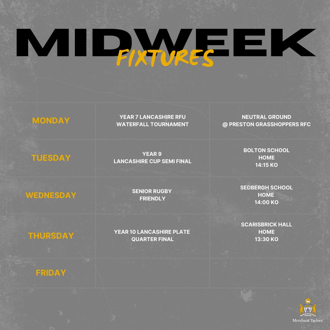Week commencing 20th Jan:

- U12's have taken part in the Lancs Festival today
- U14s host Bolton Sch in the Lancashire Cup Semi Final🏆
- Senior Rugby are playing Sedbergh✅
- U15's host Scarisbrick Hall in the 1/4 Finals of the Lancashire Plate🏆

🟡⚫️🏉

<a href="/MerchantsCrosby/">Merchant Taylors' Schools</a>