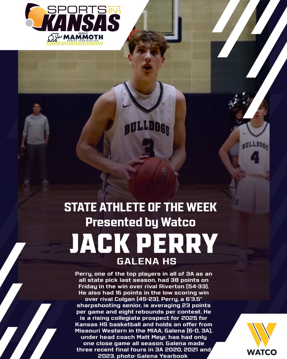 sportsinkansas's tweet photo. State Athlete of the Week, presented by @WatcoRail : Jack Perry is off to a huge senior season for the undefeated Galena Bulldogs. Perry, a 6-3.5 senior sharpshooter, had 38 points in the win over rival Riverton and 16 more against Colgan. He is averaging 23 points and eight rebounds per game for the Bulldogs. Probably a time to consider to start looking at the Bulldogs as a potential ranked team as they are currently unranked in 3A. Matt Meyr has been very consistent with the Bulldogs. Four straight state appearances from 2020 to 2023, which includes three final fours and a state runner up.  #sportsinkansas