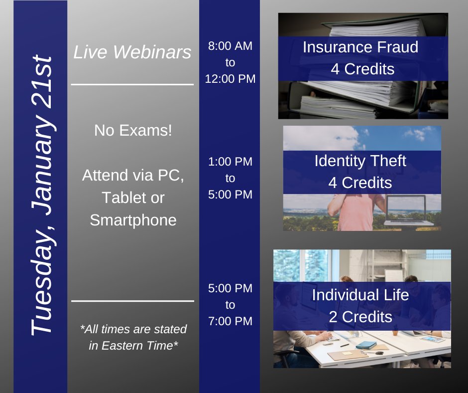 EITINS's tweet image. TUESDAY: Join us for #InsuranceFraud, #IDTheft and #IndividualLife! Live Webinars = #NoExam

Register at: etrainingschool.com/clientsite/Cla…