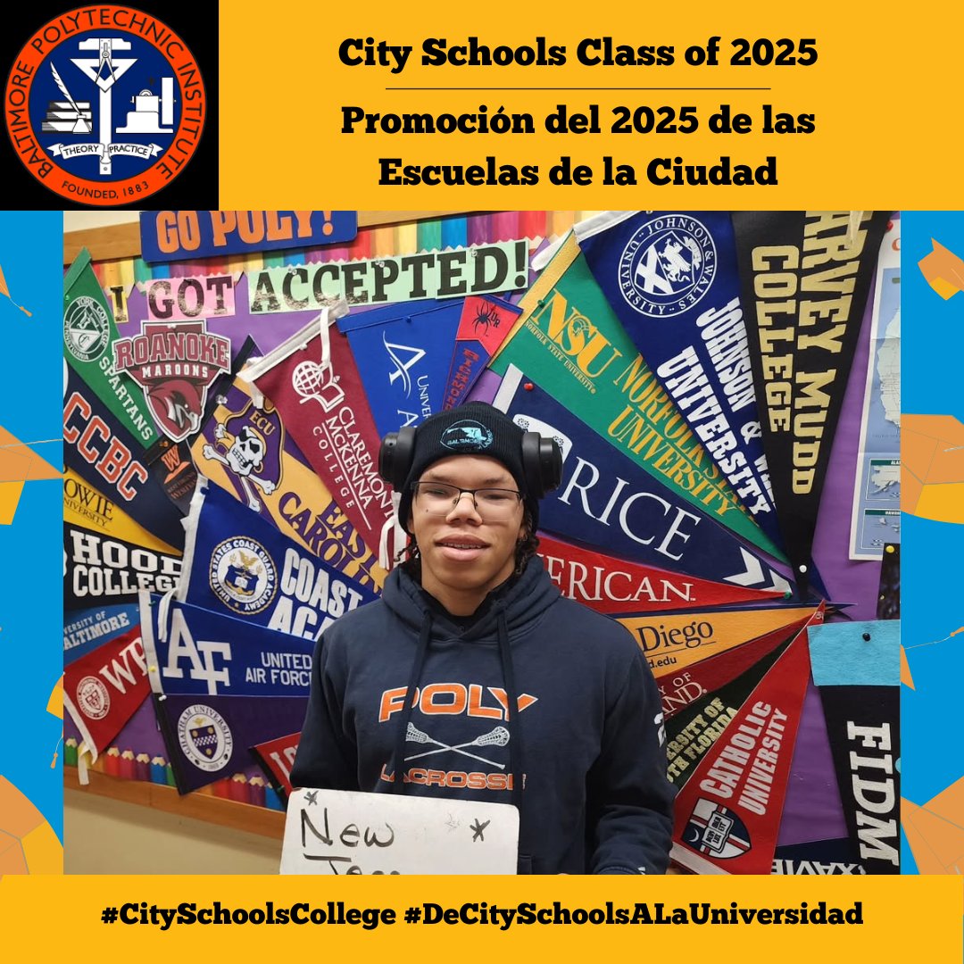 BaltCitySchools's tweet photo. Today we're shouting out Brandon a student at Poly who received several acceptances including New Jersey Institute of Technology! Way to go! #CitySchoolsCollege https://t.co/qaoLUvFDNr