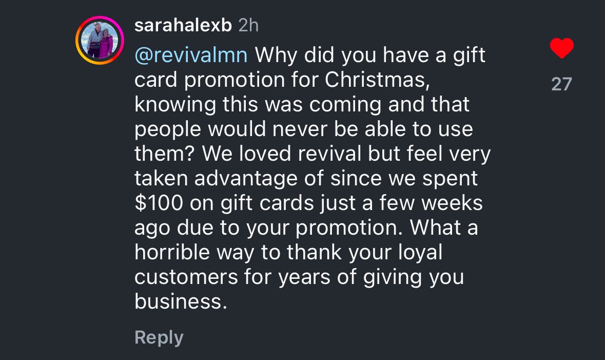 tonydwagner's tweet photo. Staff at Revival say they were fired via email this morning . I live right by a location and they were running $100 gift card promos all holiday season. Instead of addressing any of that, the owners are liking condescending IG comments defending them. https://t.co/kzZImou6Gv