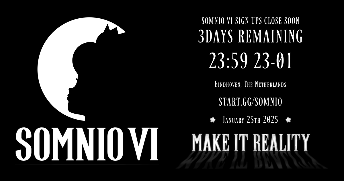 🚨3 DAYS REMAINING BEFORE SIGN UPS TO SOMNIO 6 CLOSE🚨

We are at over 200 attendees and rising for our biggest edition yet, remind the homies and RTs appreciated!🌖

📅25/01/25
🎮Melee, Tekken 8, "Brawl" &amp; Rivals 2
📺Tons of setups
📌Eindhoven, Dynamo Centre

Sign up in bio &amp; ⬇️