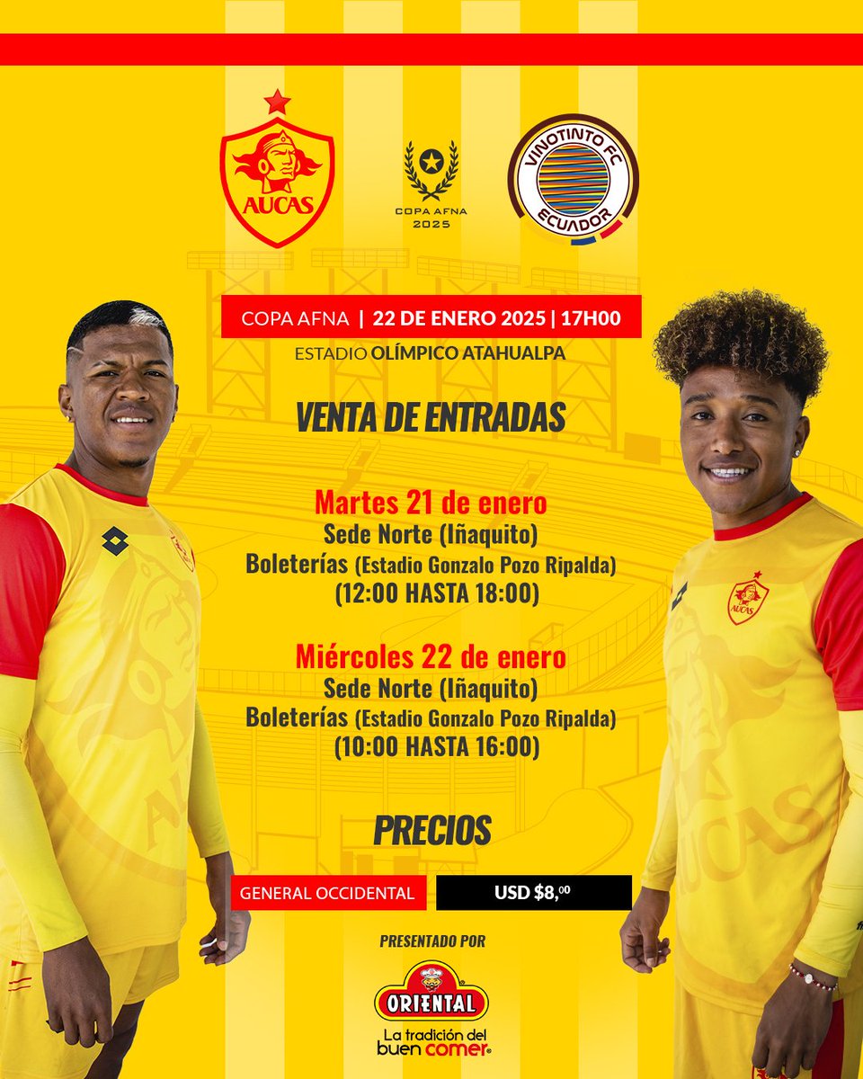 ⚽️🎫 Definida la venta de entradas para el encuentro de #Papá ante Vinotinto #CopaAfna 💪✌️

Toda la información 👇

#VamosAucas 
#AucasNuncaJuegaSolo 

🟡🔴👌