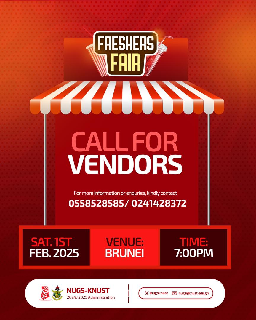 lnugsknust's tweet image. Calling all vendors!

Be part of the Freshers Fair 2025/26 at @KNUSTGH and showcase your products and services to an energetic crowd of students!

Don’t miss this chance to grow your brand and connect with freshers!

For inquiries, call 📞 0558528585 / 0241428372

#FreshersFair