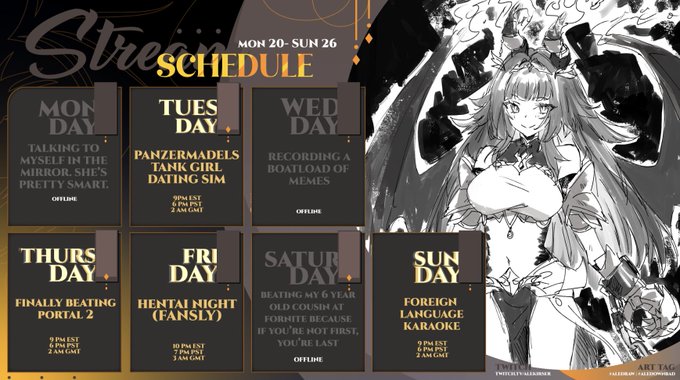 THIS WEEK'S SCHEDULE! (JAN 20 - 26) ✨⚔️
FUCK IT WE BALL edition
? sanna sho https://t.co/KoqHIPpyxJ