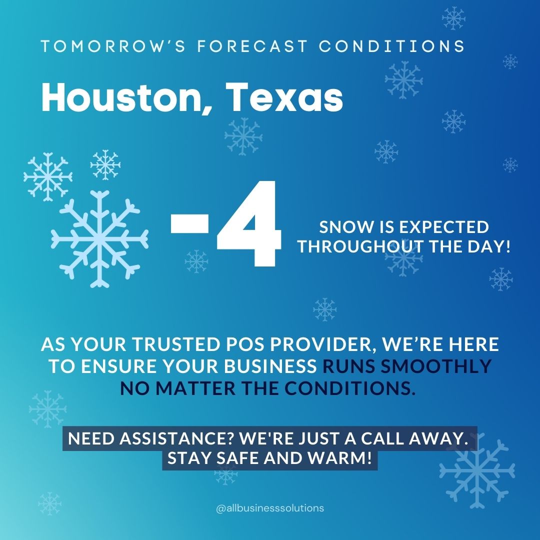 abspos1's tweet image. Stay Safe, Houston! ❄️

Snow is on the way, and we’re here to support you through it. 

Need help? We’re just a call away. Stay warm and take care! 

#AllBusinessSolutions #PosSystems #ResraurantSuccess #HoustonWeather