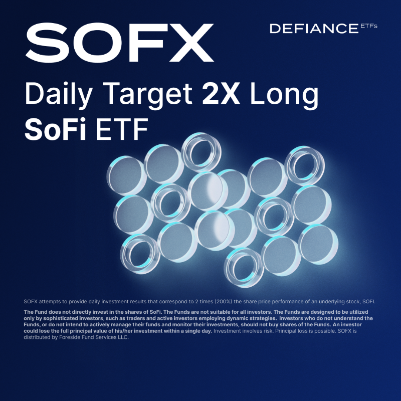 defianceinvest's tweet photo. 🟩SOFX - Target 2X Long SOFI ETF

SOFX offers 200% exposure on SOFI. Investing involves risk. Principal loss is possible. Defiance Long Target 2X Long SOFI ETF is distributed by Foreside Fund Services LLC. Read the prospectus at https://t.co/zzcOF0Ef4o