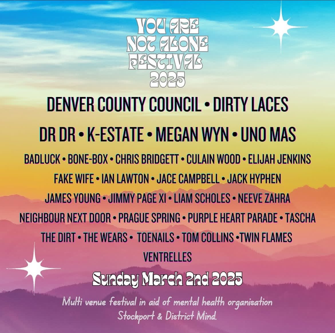 <a href="/YANAfest/">You Are Not Alone Festival</a> Stockport📍

2nd March🗓️

<a href="/MindCharity/">Mind</a> x

Tickets: seetickets.com/event/you-are-…