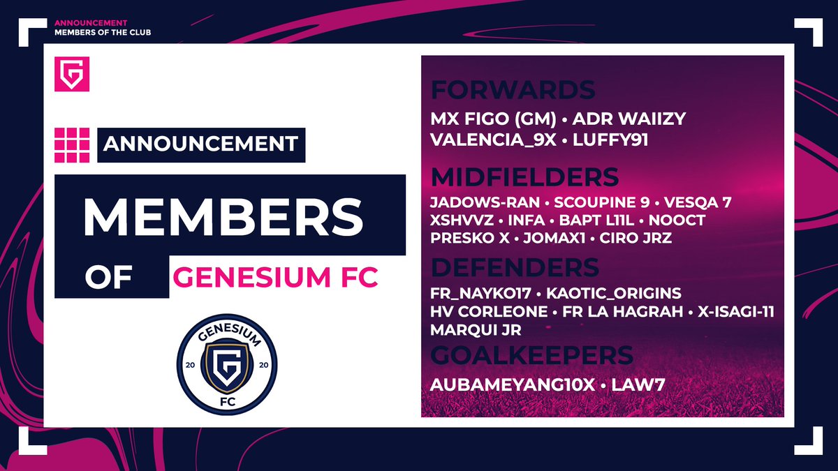 𝐆𝐄𝐍𝐄𝐒𝐈𝐔𝐌 𝐅𝐂 - 𝐒𝐀𝐈𝐒𝐎𝐍 𝟐𝟎𝟐𝟓 ⚽️

Liste des membres qui représenteront le club durant cette saison 🔥

Bienvenue à eux ! 👊

<a href="/TeamGenesium/">Genesium 🌴</a> <a href="/AguiasCp/">Aguias CP</a> #WhereItBegins 👾