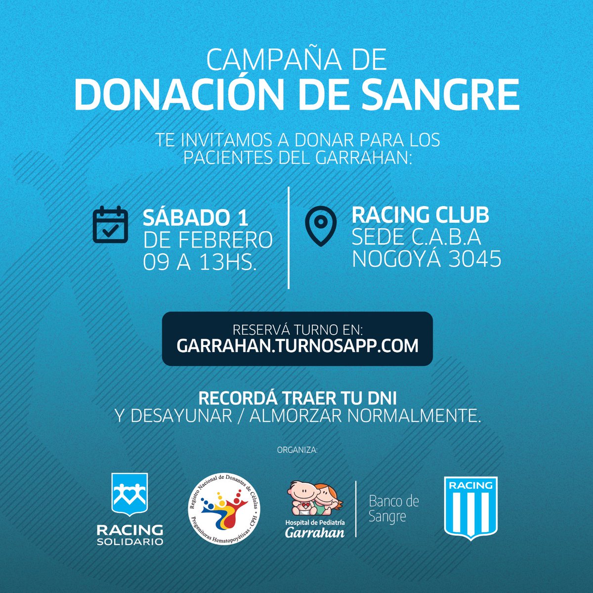 El sábado 1 de febrero realizaremos la primer campaña de donación de sangre del año junto a <a href="/donamossangre/">Hemoterapia Garrahan</a>

🗓 1 de Febrero
⏱️ 9 a 13hs
📍 Sede Villa del Parque Nogoya 3045 CABA 
📲 Reserva tu turno en Garrahan.turnosapp.com

Te esperamos!!!

#DonarSalvaVidas