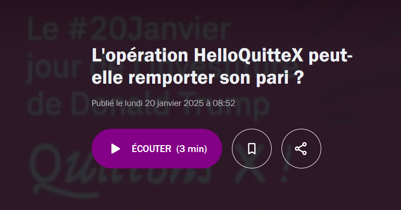 HelloQuitteX's tweet image. Merci @fsaltiel pour sa chronique ce matin sur @franceculture ! 

"X est devenu une arme de propagande, un outil idéologique dont les algorithmes poussent les idées trumpistes. [...] X n’est pas une agora ou chacun part avec les mêmes armes, il est devenu une caisse de résonance,…