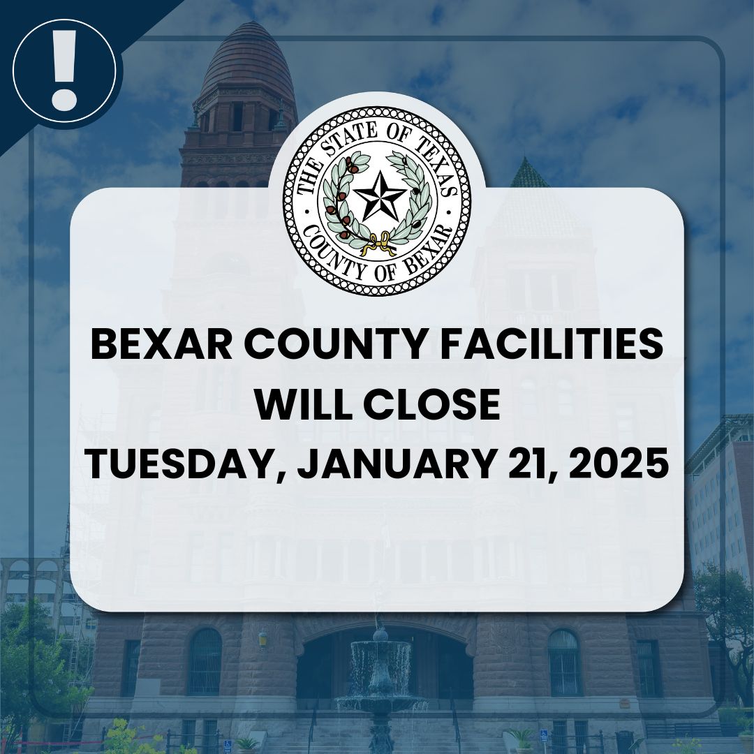 Due to expected precipitation and freezing temperatures, all non-essential Bexar County
operations will be closed on Tuesday, January 21, 2025. 

Those individuals scheduled to appear for jury duty will be notified of cancellation and further instructions.