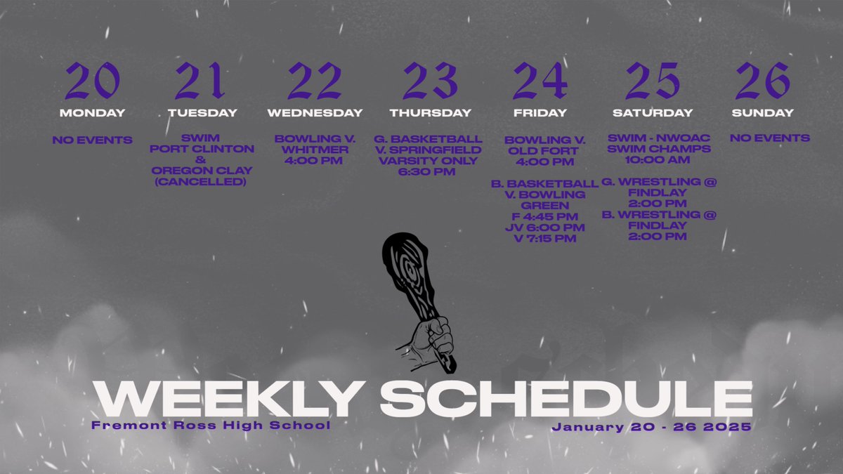 Here is the weekly schedule for Ross High School. Please note that the forecast weather may cause changes to the schedule, so please check the status of events before heading out.