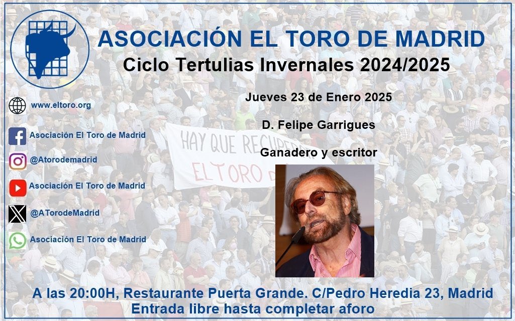 Este próximo jueves nos acompañará el escritor y ganadero Felipe Garrigues. Será en el Restaurante Puerta Grande a las 20:00 horas. ¡Os esperamos!