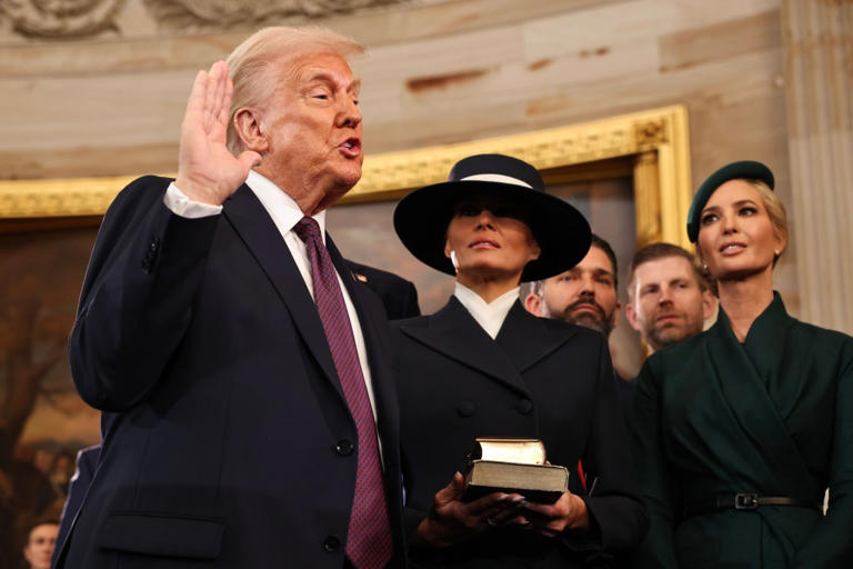 Trump did not place his hand on a stack of two Bibles held by first lady Melania Trump as he was sworn into office on Monday.
This is so telling about what he's about to do to the USA.