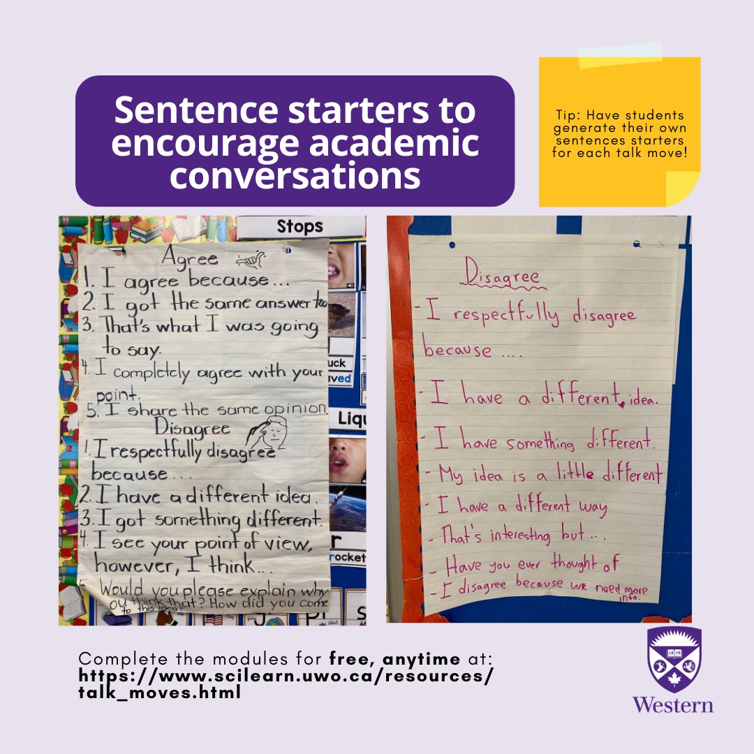 When you are using talk moves - sentence starters, you are exposing students to complex language &amp; setting up students to respond with complex language too! Learn more at scilearn.uwo.ca/resources/talk…
#scienceofreading #languagelearning #dyslexia #DevLangDis <a href="/larchiba6/">Lisa Archibald</a> <a href="/ONlit_social/">ONlit.org</a>