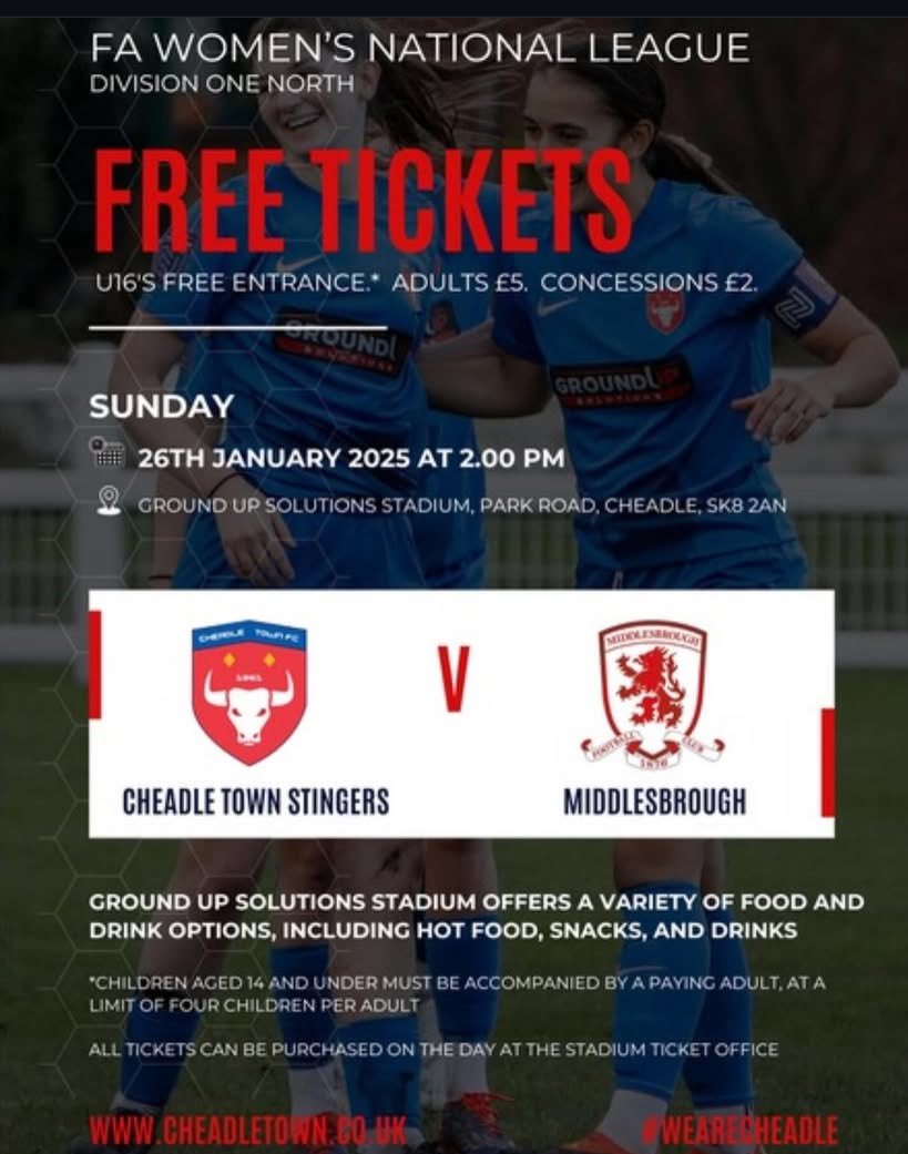 An exciting opportunity to watch Cheadle Town Stingers for FREE!!🤩⚽️ 
Sunday 26th January 2pm, Park Road, Cheadle, SK8 2AN 
If students  mention their schools name at the gate to receive free admission. Parents/Guardians can get a discounted tickets   rate of £5!💰⚽️😃