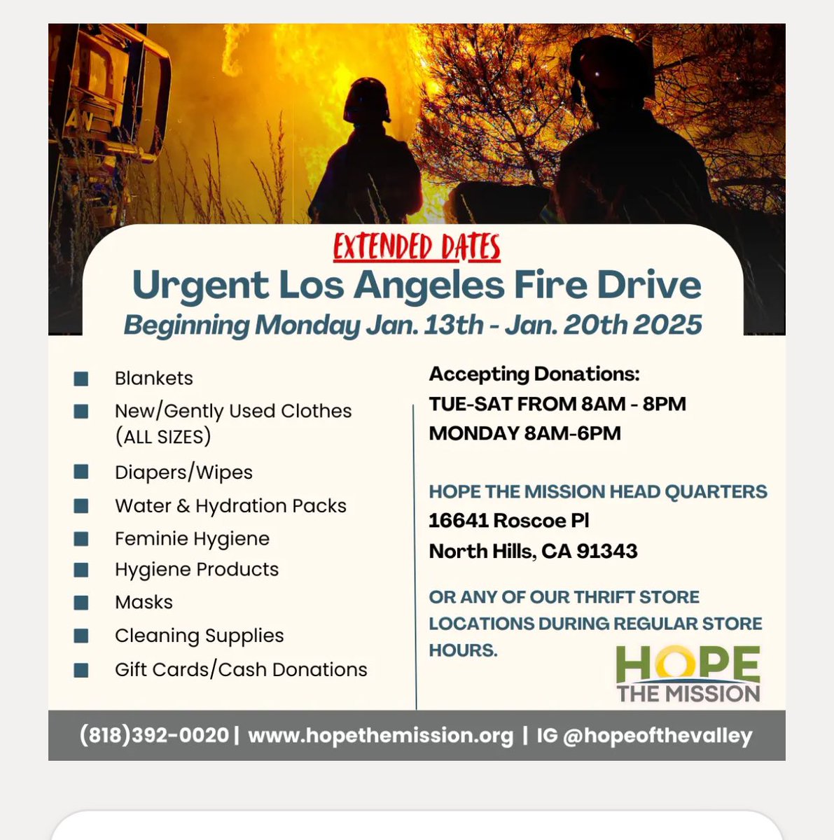 deannmodom's tweet photo. Friends, @hopethemission HQ stillcollecting #emergency itemsthru tonight. Please don’t waitto donate. ThankU!
16641 Roscoe Place
North Hills, CA  91343
https://t.co/mBz4pJnMat

#LAFires #LAFireRelief #LosAngelesFires #LAWildfires2025 #wildfire #wildfires #donate #donations  #Help https://t.co/6oZZE1na0d