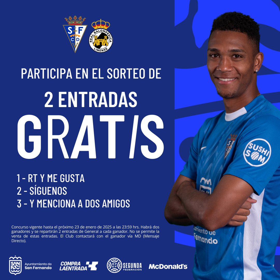 SanFernando_CD's tweet photo. 🗳️ ¡Participa en el sorteo de dos entradas GRATIS para el derbi #SanFernandoBalona! 

🔁 Da RT y Me gusta a esta publicación
📲 Sigue nuestra cuenta
💬 Menciona a dos amigos

¡Acaba el jueves 23 de enero a las 23:59h! https://t.co/VqgPD62r56