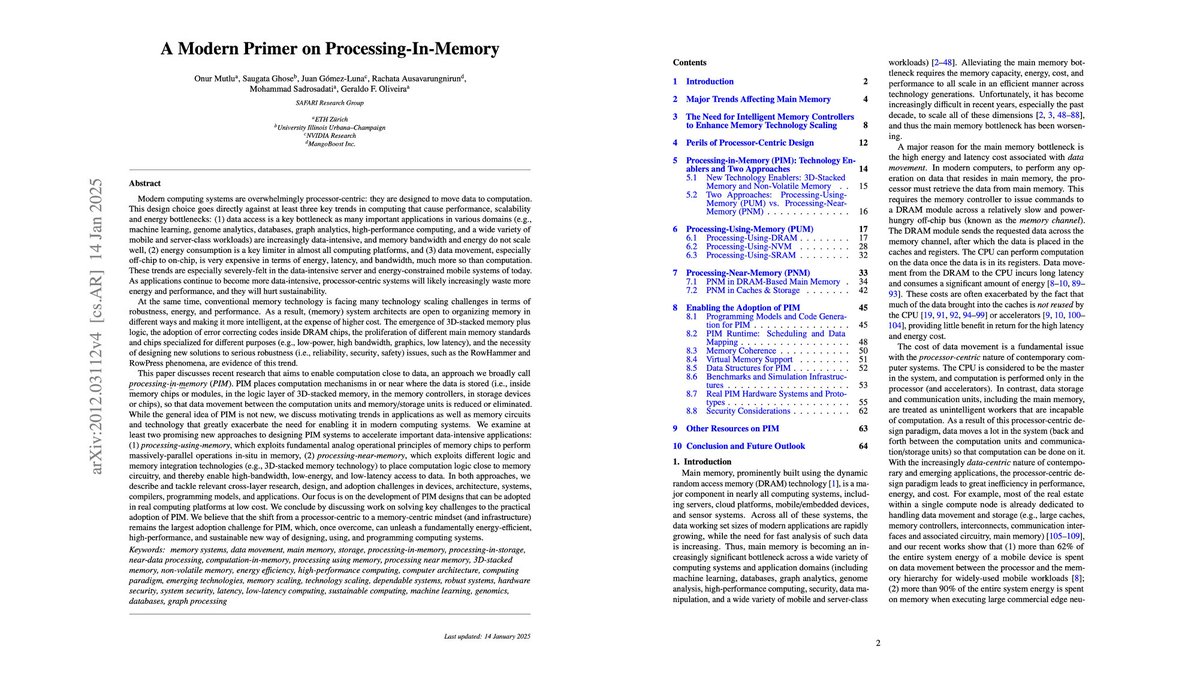 SAFARI_ETH_CMU's tweet image. We've updated our PIM Primer! We've expanded the overview to cover the extensive PIM work over the past few years.
💥A Modern Primer on Processing in Memory: arxiv.org/abs/2012.03112
@_onurmutlu_ @SaugataGhose @el1goluj R. Ausavarungnirun @MohammadSadr89 @geraldofojunior