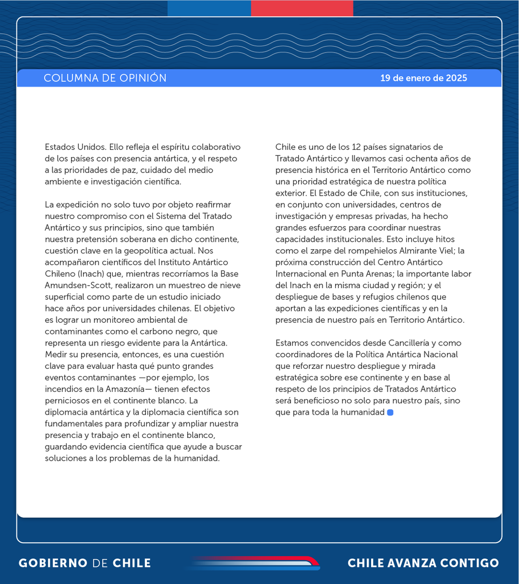 Cancillería Chile 🇨🇱 (@minrel_chile) on Twitter photo 📰 | En su columna en <a href="/LaPrensAustral/">La Prensa Austral</a>, la subsecretaria Gloria de la Fuente destacó el éxito de la misión Estrella Polar III y la importancia de esta visita histórica para el rol de Chile dentro del Sistema del #TratadoAntártico.
Léela aquí 👉bit.ly/3Ctlqlg 📰 | En su columna en <a href="/LaPrensAustral/">La Prensa Austral</a>, la subsecretaria Gloria de la Fuente destacó el éxito de la misión Estrella Polar III y la importancia de esta visita histórica para el rol de Chile dentro del Sistema del #TratadoAntártico.
Léela aquí 👉bit.ly/3Ctlqlg