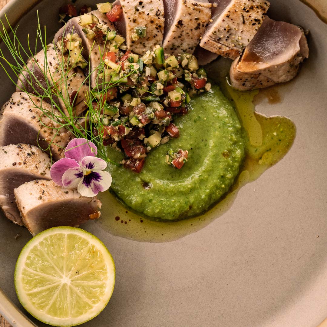 Our Seared Yellowfin Tuna is paired with pumpkin seed salsa, a vibrant pea &amp; coriander purée, and a touch of charred lime for the perfect balance of flavours.

📍 Hemel-en-Aarde Ridge
#LaViergeWines #FineDining #PurityAndConviction #HemelEnAardeRidge
