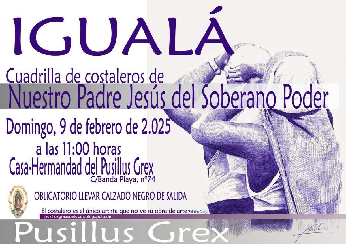 Igualá 2025 • El próximo domingo 9 de febrero a las 11:00 h. tendrá lugar la igualá de costaleros de nuestro paso de misterio para el próximo Lunes Santo, en la casa-hermandad (c/ Banda playa 74).
Se ruega asistir con calzado negro de salida.
#SoberanoPoder #Guadalupe #Jara #px