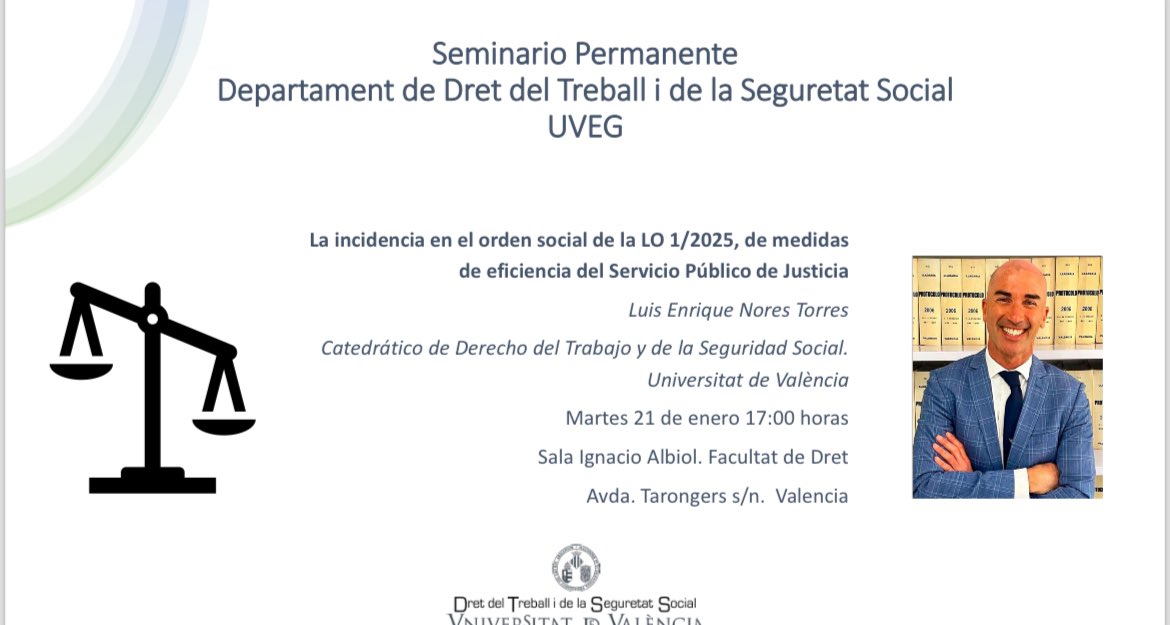 📣📣 Mañana a las 17:00 h. tendrá lugar nuestro primer Seminario Permanente de 2025, a cargo del profesor <a href="/kike_nores/">Luis Enrique Nores</a>, que nos va a contar la incidencia en el orden social la LO 1/2025, de medidas de eficiencia del Servicio Público de Justicia.

No os lo podéis perder ‼️