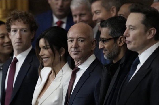 RepDonBeyer's tweet photo. Oligarchy watch: four of the five richest people in the world just got prime seating with their guests in the Capitol Rotunda while governors of U.S. states - including Governor Youngkin - were made to watch Trump's inauguration ceremony on TV screens in an overflow room. https://t.co/KWkKZyak4x