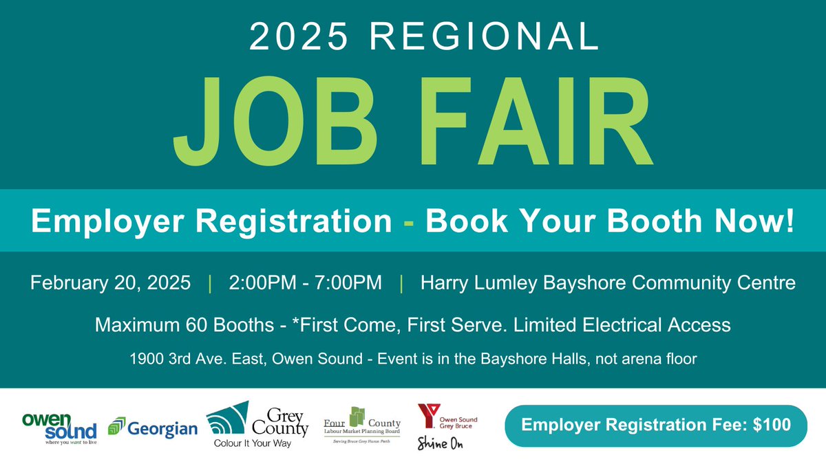 Calling All Employers! Be part of the Grey County #RegionalJobFair on February 20th. This is your chance to connect with local talent and showcase your company. We have 60 booths available - secure yours today!

Register now: eventbrite.ca/e/2025-regiona…