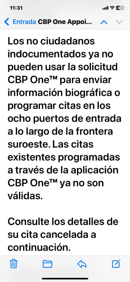 Dra_LorenaMena's tweet photo. En grupos de FB donde migrantes intercambian información sobre #CBPOne, están reportando que les han cancelado sus citas. Otros usuarios afirman que la app ya no les deja programarlas. Mensajes como este circulan entre los migrantes ⬇️ https://t.co/7yEYdS7urh