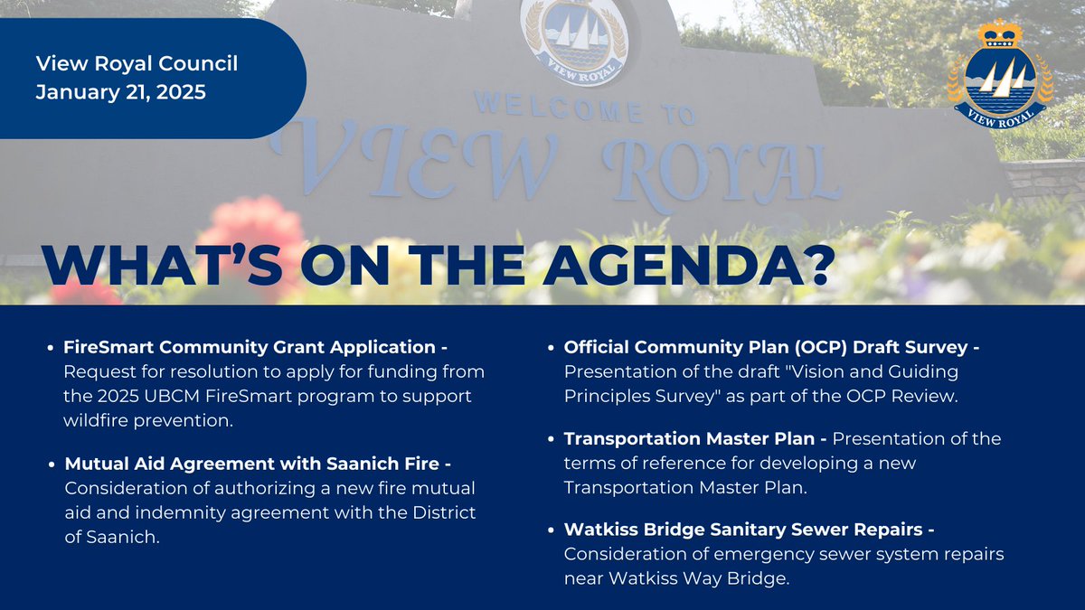 Lots on the agenda for tonight’s Council Meeting! Join us at 7:00 PM in-person or online to stay informed and engaged with your community.

Jan 21 Agenda: bit.ly/4h0VKM4
Watch Live: bit.ly/44A30Yc

#ViewRoyal #yyj