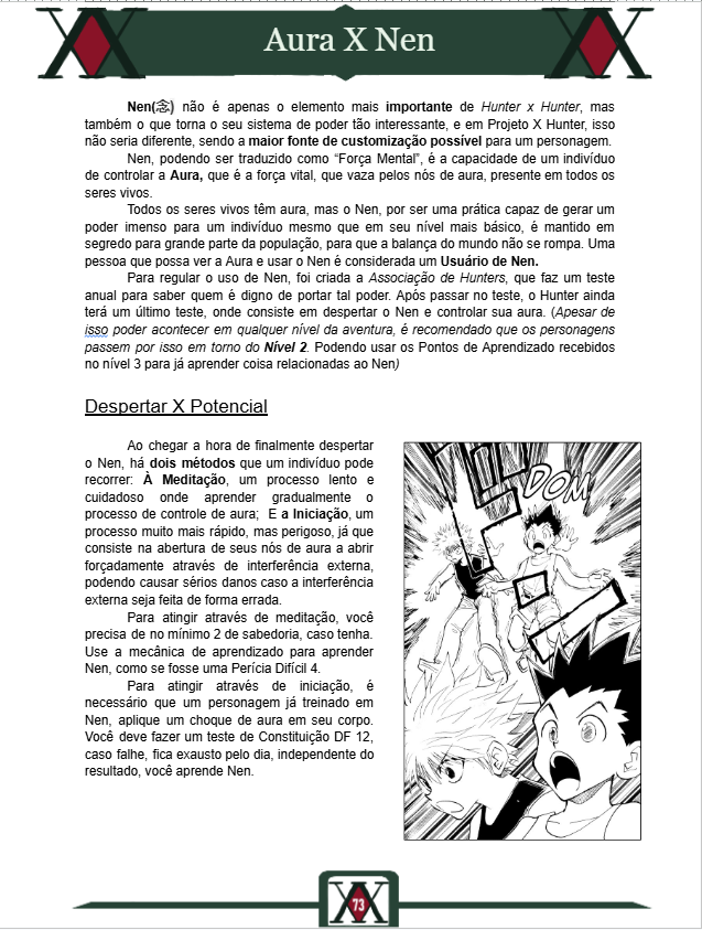 Pedro_Regeter's tweet photo. A atualização de Projeto X Hunter, o sistema de #hunterxhunter  chegou! Sendo convertido para um sistema d20 e com a adição de mais de 120 talentos, diversas opções de origens e ofícios e um sistema único de progressão de personagem. Se ficou interessado, entre em nosso discord! https://t.co/Fb6w7neFZM