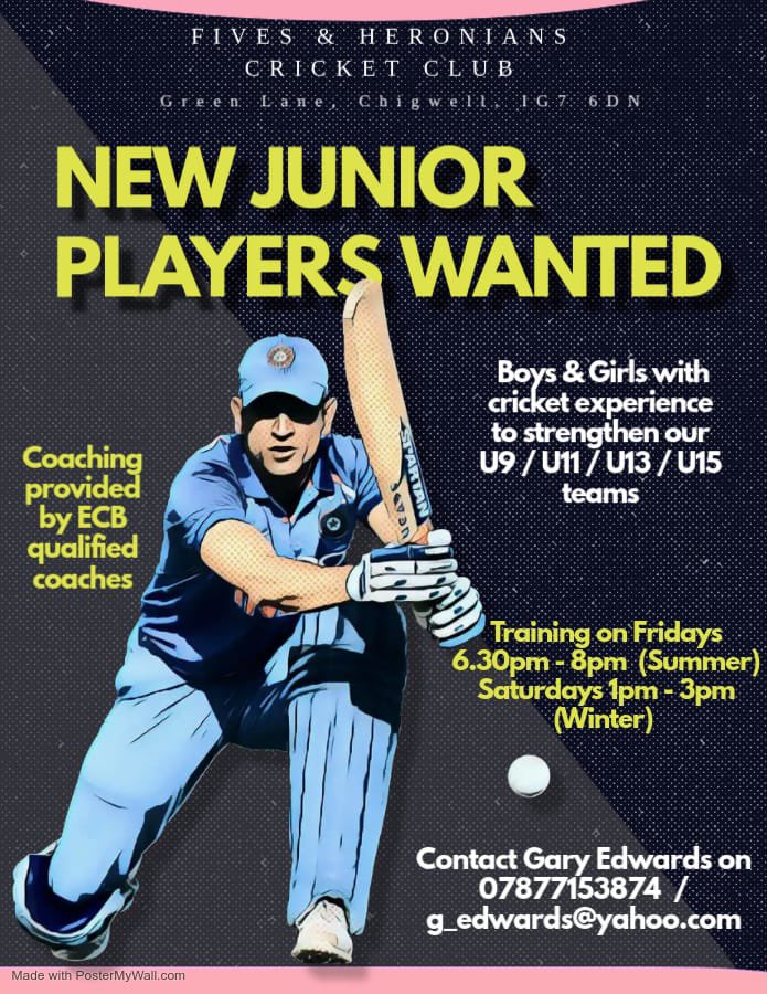 🏏 JUNIOR CRICKETERS WANTED! 🏏

As the new season approaches, Fives and Heronians Cricket Club is looking for enthusiastic junior players aged 8 to 15 to join our squads!

Come be part of our Fives Family – let’s make this season unforgettable! 🏏