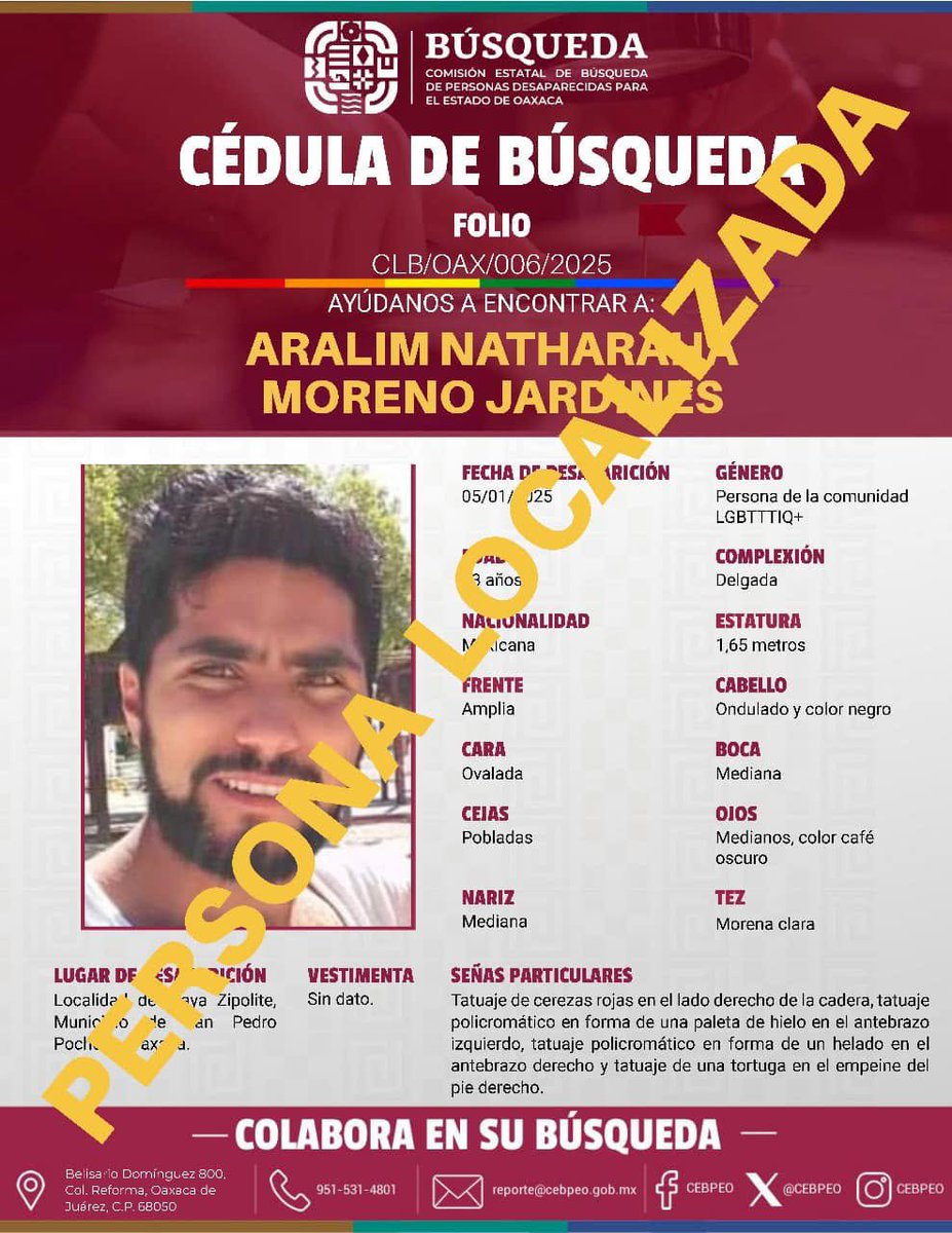 Gracias a su apoyo y colaboración, Aralim Natharaha Moreno Jardines, ha sido localizado.