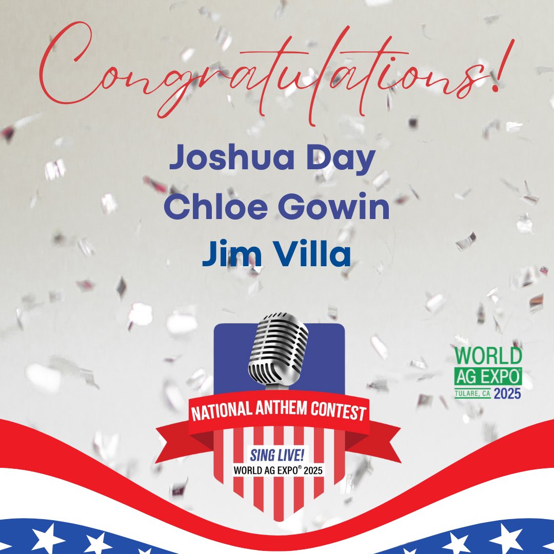 Congratulations to our National Anthem Contest winners Joshua Day, Chloe Gowin, and Jim Villa! The National Anthem will be sung live every day of the show at 9:00 am.
