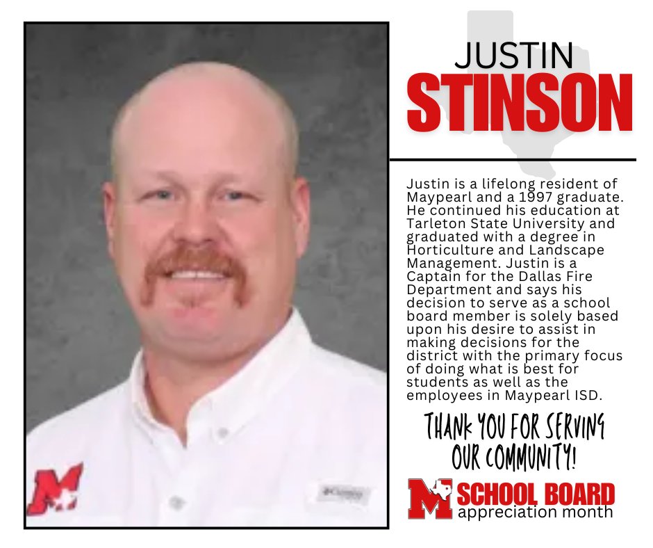 Throughout the month of January, Maypearl ISD will be highlighting our School Board members in honor of School Board Appreciation Month 

Thank you, Justin Stinson, for your service to Maypearl ISD - our families and the community!
maypearlisd.org/view-all-news/…