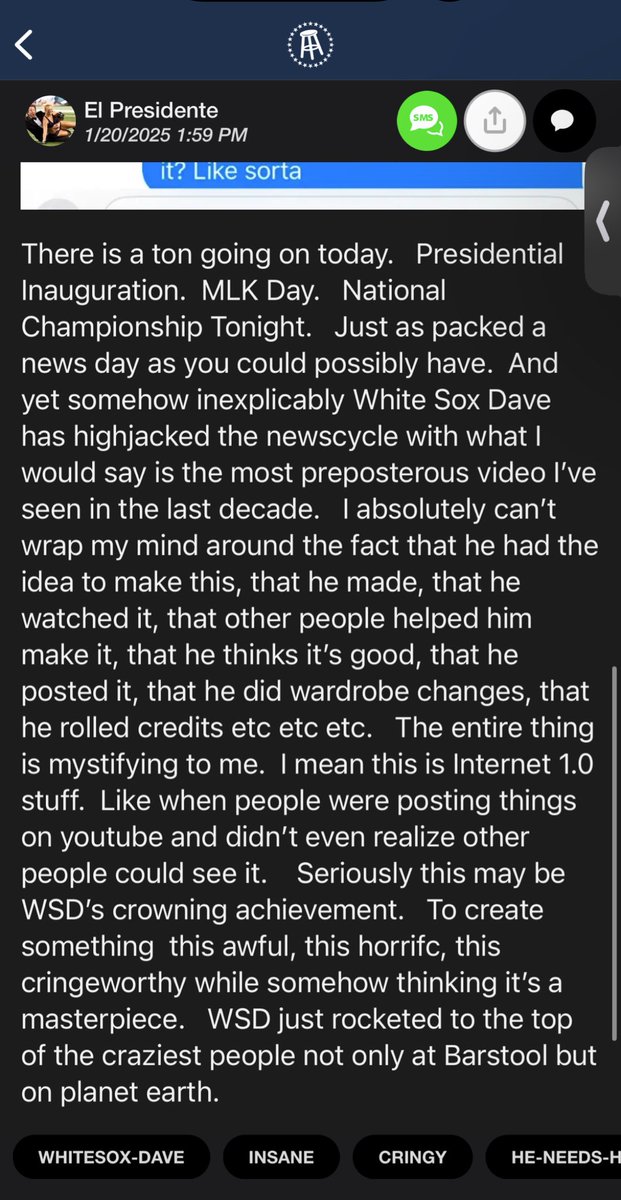 What a ringing endorsement from <a href="/stoolpresidente/">Dave Portnoy</a> on <a href="/barstoolWSD/">whitesoxdave</a>’s debut single. Listen here -> youtube.com/watch?v=ooYHiF…