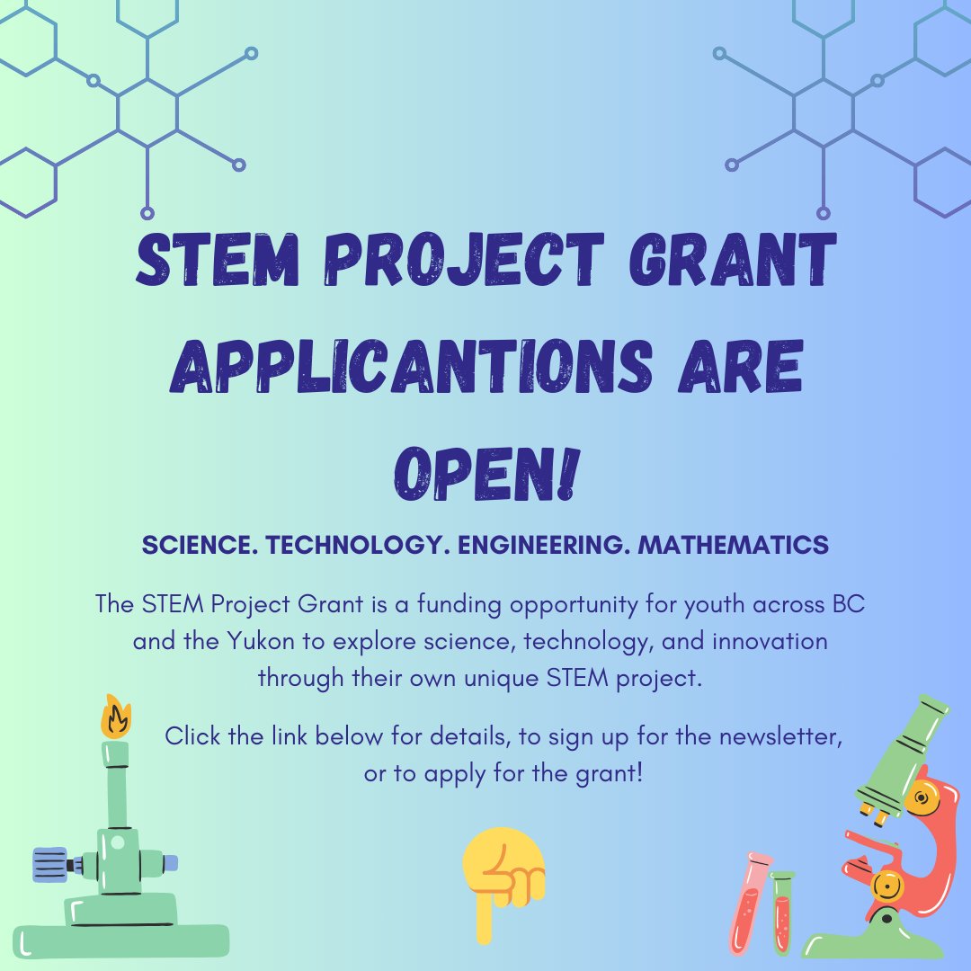 STEM Project Grant applications are open! If you are a resident of BC or the Yukon, between the ages of 9 and 18 years old, and are facing financial barriers in funding your Science Fair project, we would love to receive your application: 👉 heyor.ca/T7rssv!