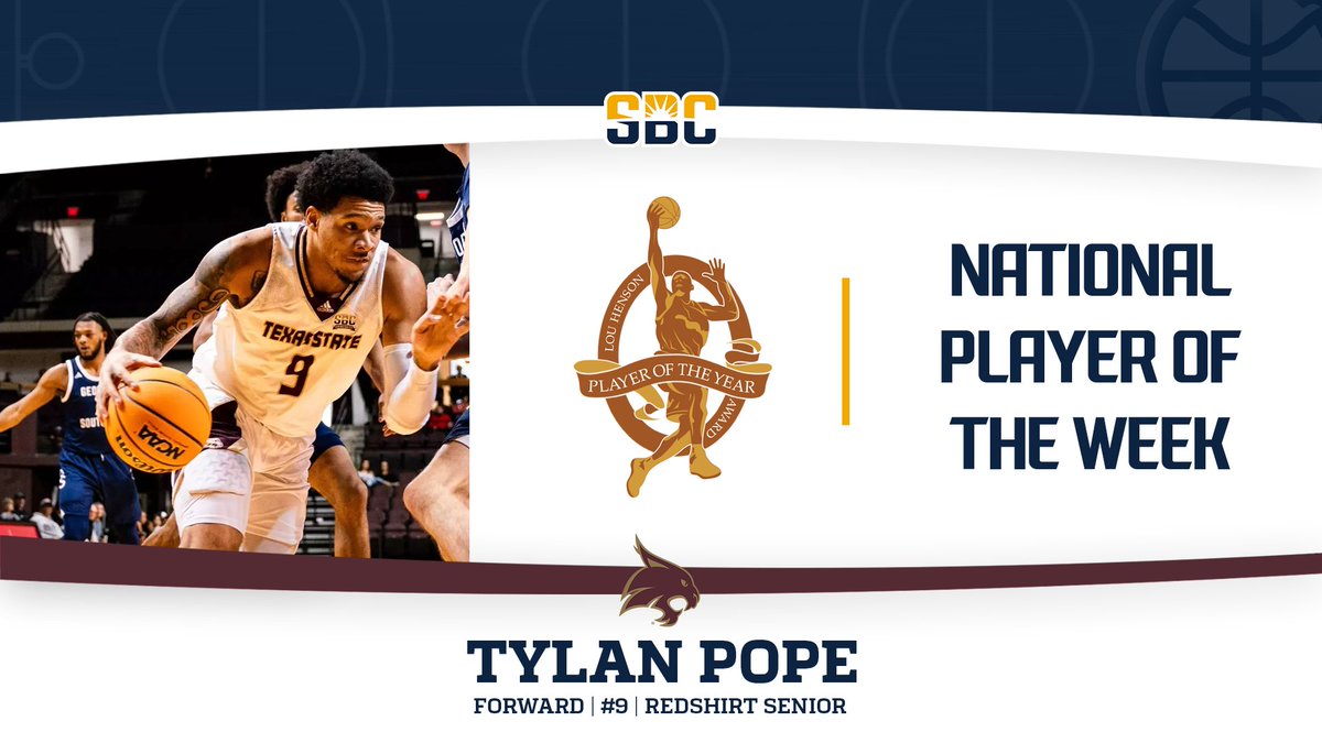 Sun Belt (@sunbelt) on Twitter photo 𝗣𝗢𝗣𝗘'𝗦 𝗣𝗥𝗘𝗦𝗧𝗜𝗚𝗘.
<a href="/TXStateMBB/">Texas State MBB</a> redshirt senior forward Tylan Pope is the Lou Henson National Player of the Week. He averaged 24 points, 12 rebounds and 4 blocks in a pair of #SunBeltMBB home wins. ☀️🏀
📰 » sunbelt.me/3E5YNnB 𝗣𝗢𝗣𝗘'𝗦 𝗣𝗥𝗘𝗦𝗧𝗜𝗚𝗘.
<a href="/TXStateMBB/">Texas State MBB</a> redshirt senior forward Tylan Pope is the Lou Henson National Player of the Week. He averaged 24 points, 12 rebounds and 4 blocks in a pair of #SunBeltMBB home wins. ☀️🏀
📰 » sunbelt.me/3E5YNnB