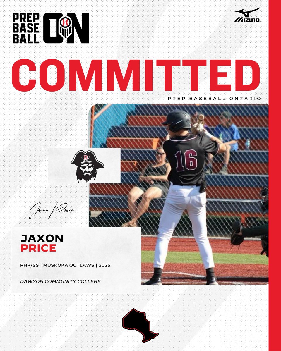 🚨𝐂𝐎𝐌𝐌𝐈𝐓𝐌𝐄𝐍𝐓 𝐀𝐋𝐄𝐑𝐓🚨

'25 RHP/SS Jaxon Price (<a href="/MuskokaOutlaws/">Muskoka Outlaws</a>) announces his commitment to Dawson Community College.

#BeSeen | <a href="/DCCBuccaneers/">DCC</a>