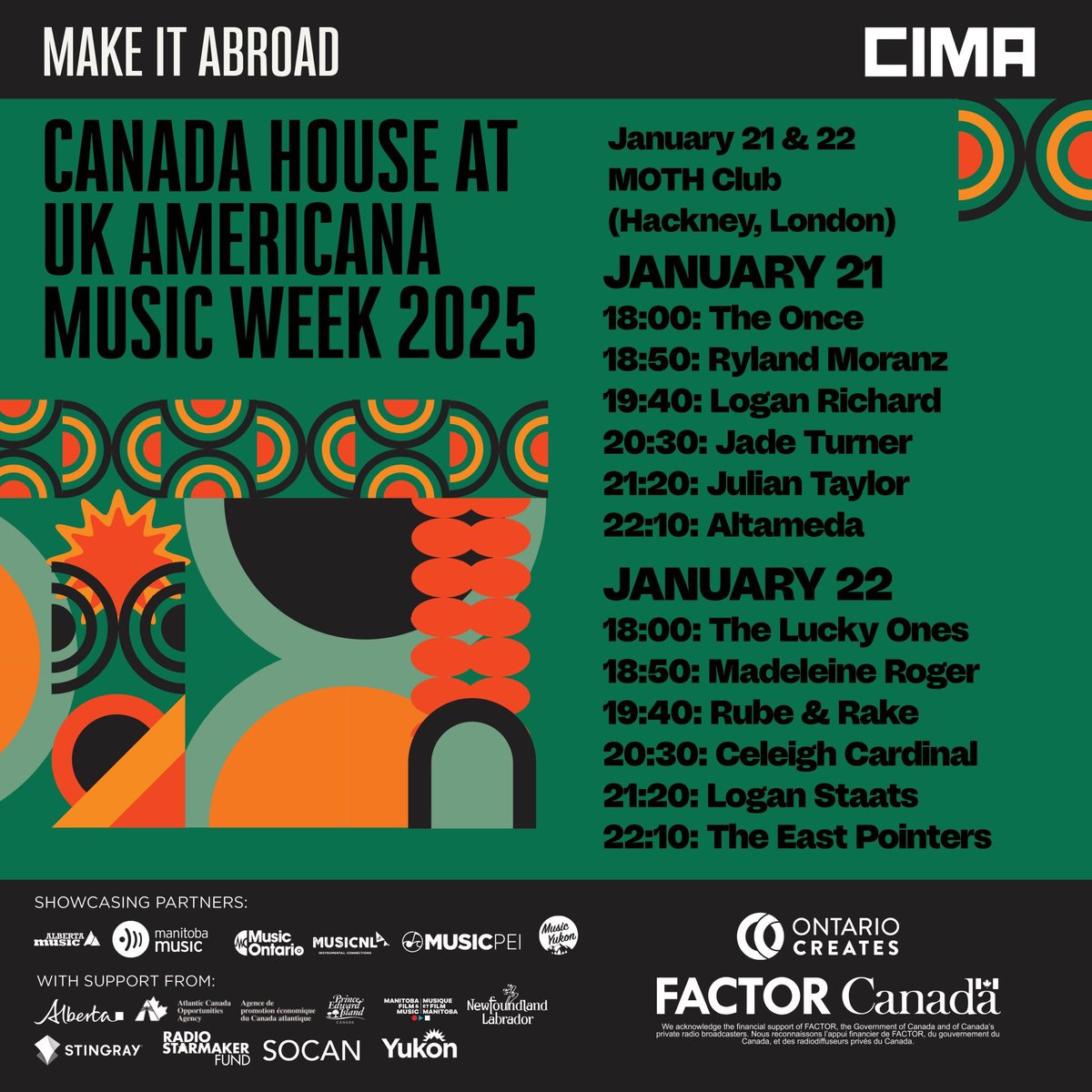 Alberta_Music's tweet image. Check out 2 Alberta acts at Moth Club in Hackney, London at Canada House UK Americana Week 2025, presented by CIMA.
Jan 21, 6:50pm Ryland Moranz 
Jan 22, 8:30pm Celeigh Cardinal 
Thanks FACTOR, the Gov of Canada, Canada’s private radio broadcasters, &amp;amp; Gov of Alberta #FACTORfunded