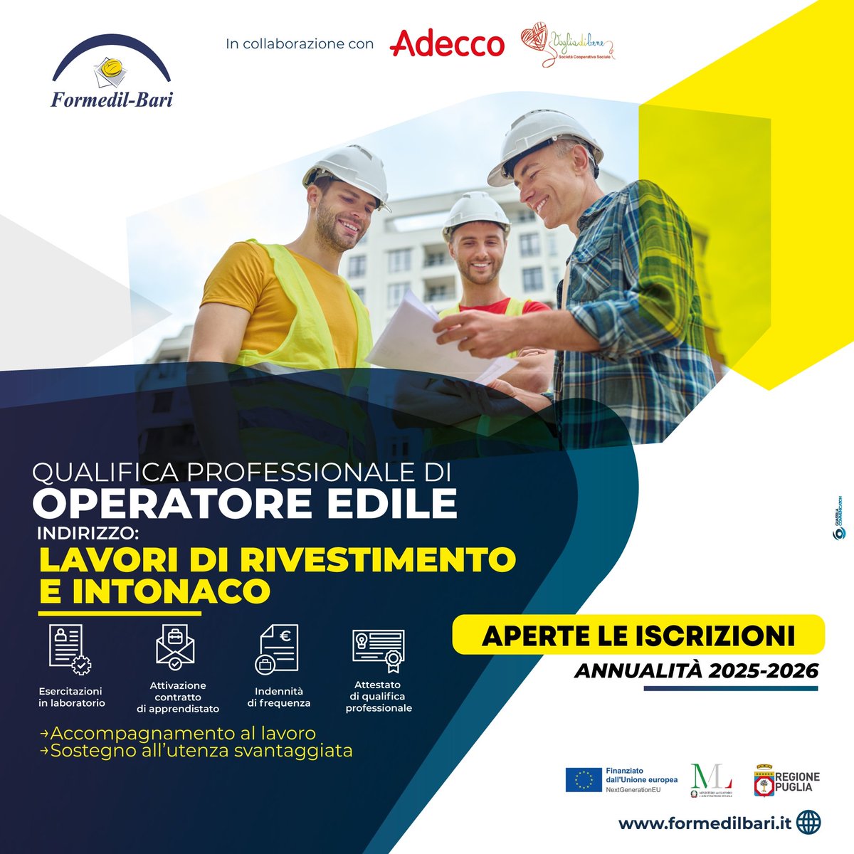 Sono aperte le iscrizioni 𝗱𝗮𝗹 𝟮𝟭 𝗴𝗲𝗻𝗻𝗮𝗶𝗼 𝗮𝗹 𝟭𝟬 𝗳𝗲𝗯𝗯𝗿𝗮𝗶𝗼 per il percorso triennale Operatore edile - Indirizzo “lavori di rivestimento e intonaco” (III livello EQF)!
Iscriviti su unica.istruzione.gov.it/sic