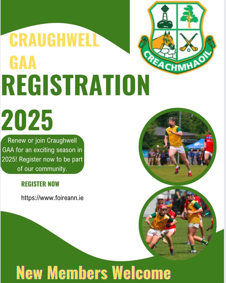 Craughwell GAA Club (@craughwellgaa) on Twitter photo Registration is open for 2025 season. Visit foireann.ie to renew/join. Queries to Registrar.Craughwell.Galway@gaa.ie Registration is open for 2025 season. Visit foireann.ie to renew/join. Queries to Registrar.Craughwell.Galway@gaa.ie