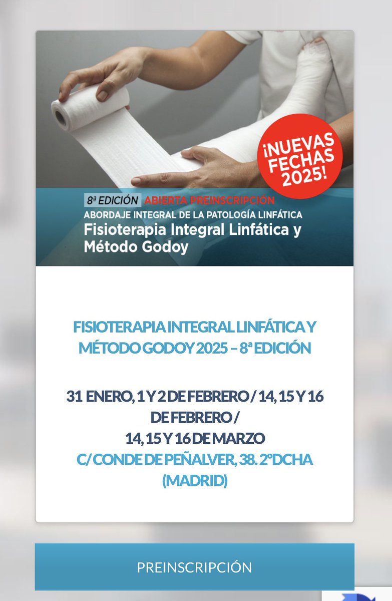 El próximo 31 de enero empezamos la 8a edición del curso de Fisioterapia Integral Linfática y Método Godoy. 
Calificado ⭐️⭐️⭐️⭐️⭐️
El curso más completo sobre el manejo del paciente con linfedema. Basado en la evidencia científica y con docentes con más de 20 años de experiencia