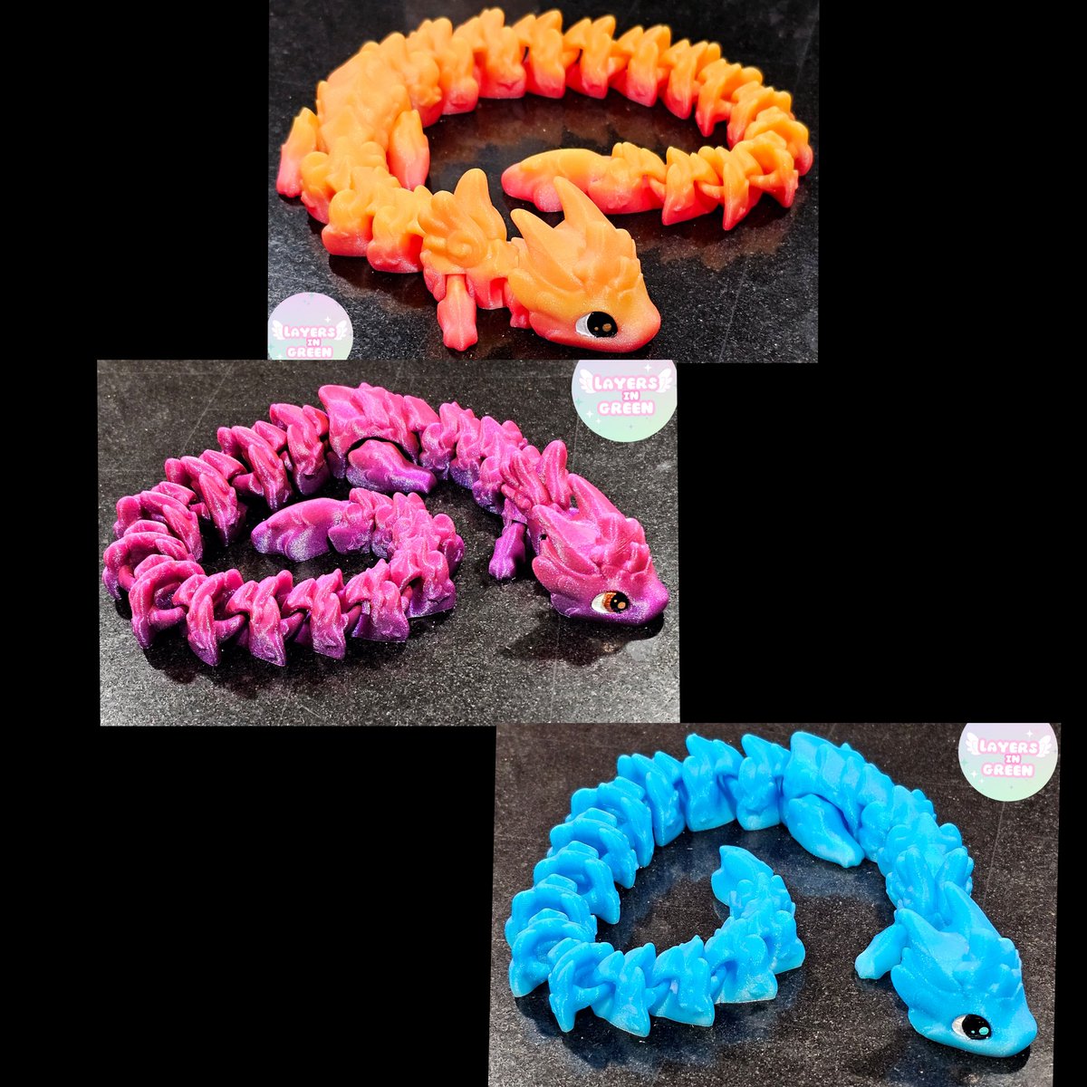 makeitmodit3d's tweet image. Layers In Green Atria dragon (single color, hand painted eyes) in 3 sizes: 
- 18" for $22 (Mermaid, Sunrise, Sunset, Blue Ombre)
- 14.5 for $16 (Sunrise, Sunset, Blue) 
- 11" for $8 (Sunrise, Sunset, Blue)