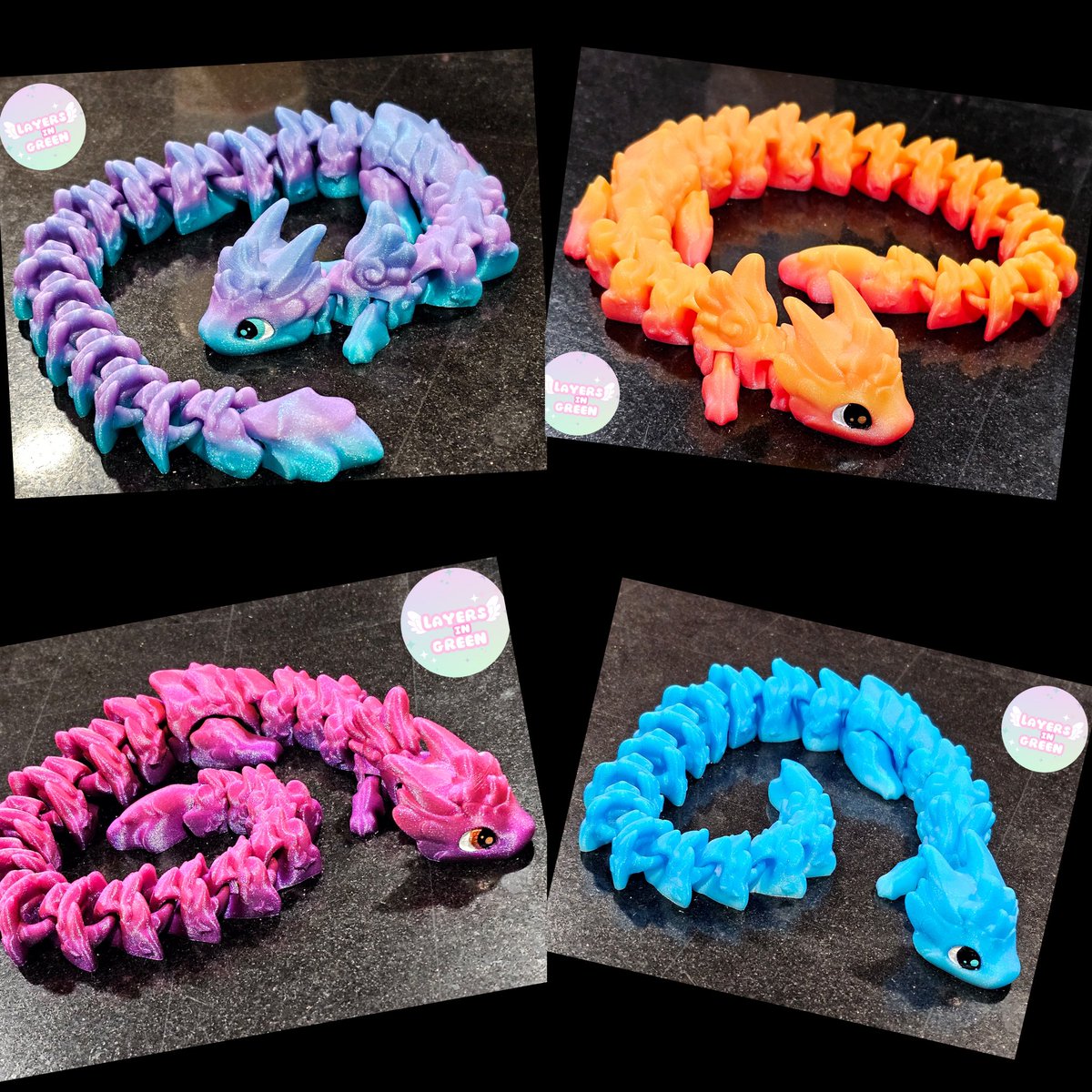 makeitmodit3d's tweet image. Layers In Green Atria dragon (single color, hand painted eyes) in 3 sizes: 
- 18" for $22 (Mermaid, Sunrise, Sunset, Blue Ombre)
- 14.5 for $16 (Sunrise, Sunset, Blue) 
- 11" for $8 (Sunrise, Sunset, Blue)